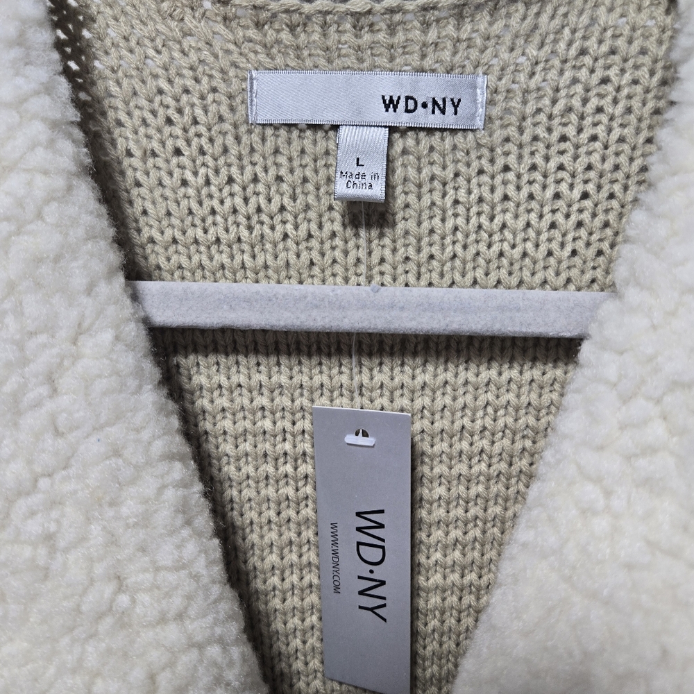 NWT WD.NY Duster Jacket Beige Cardigan Size Large Faux Sherpa Cream Tan Fall - Picture 3 of 10